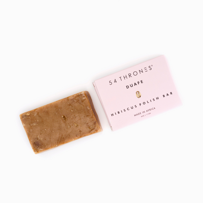 Rectangular bar of Duafe Hibiscus Soap next to pastel pink box | 54 Thrones