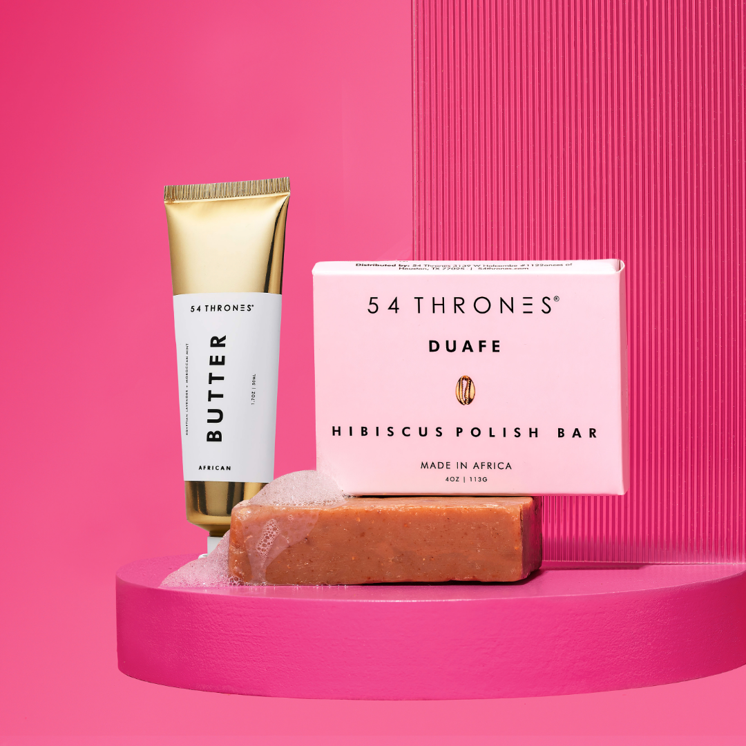 Gold Beauty Butter Tube and bar of Duafe Hibiscus Polish Bar Soap against bright pink background | 54 Thrones